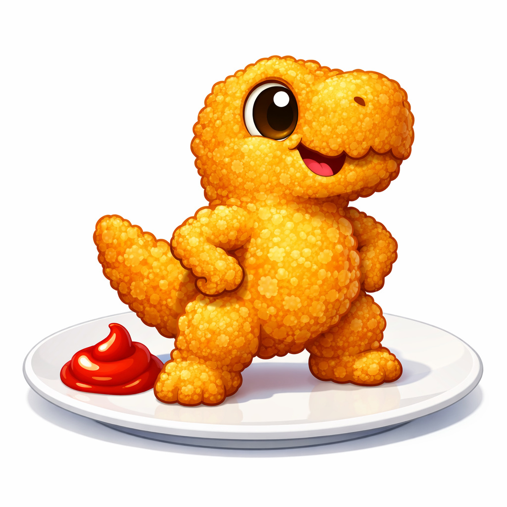 Ein Dino-Nugget steht stolz in Heldenpose auf einem Teller neben Ketchup